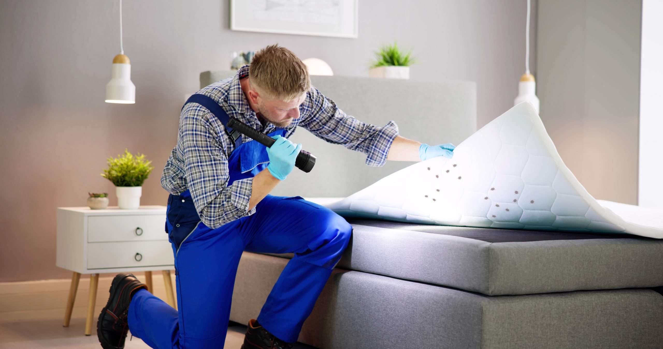 Technician inspecting mattress for bed bug signs using flashlight