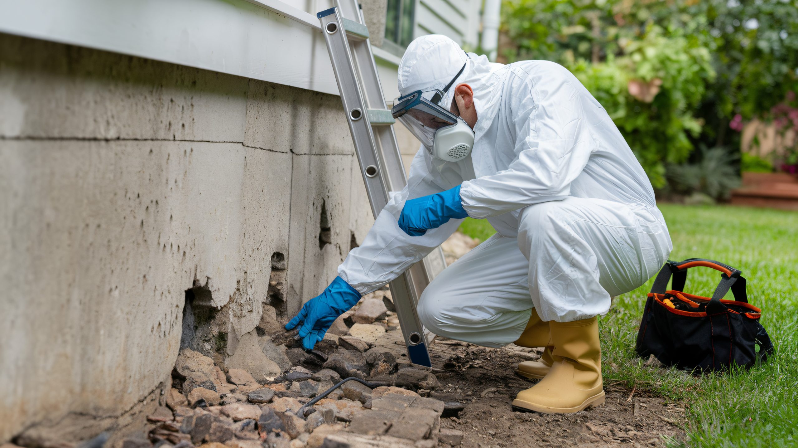 Rodent control Ontario technician inspecting property foundation for pest entry points in Ontario
