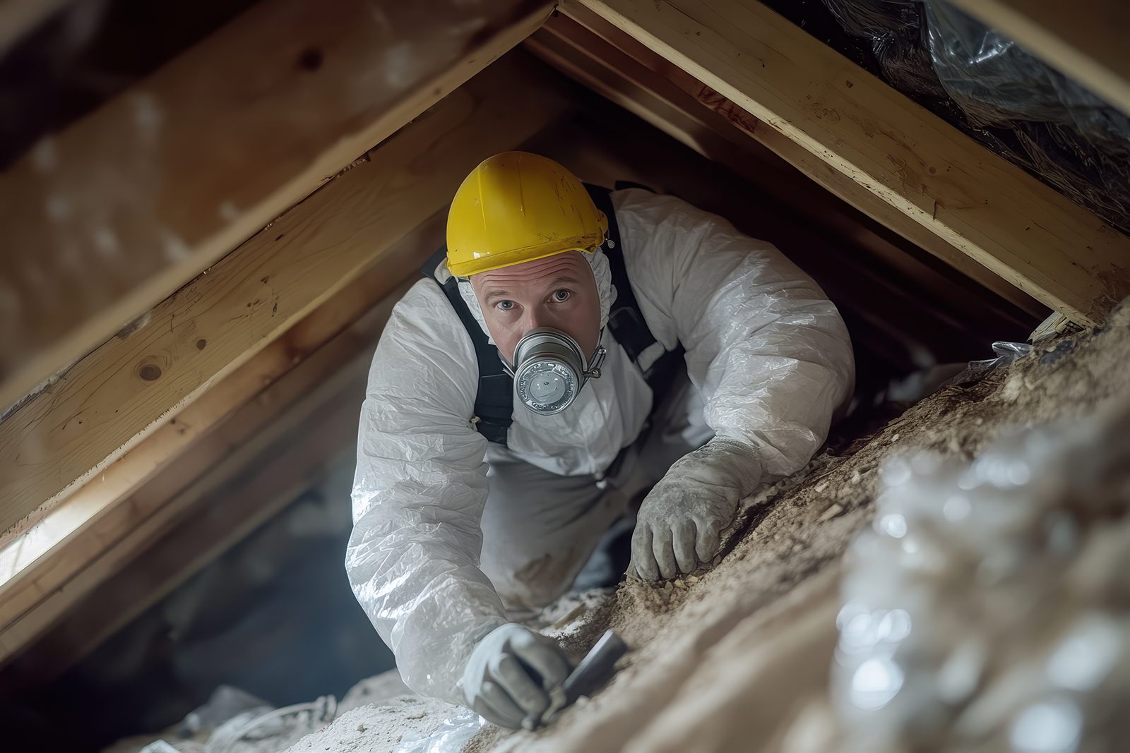 Wildlife technician inspecting an attic access area