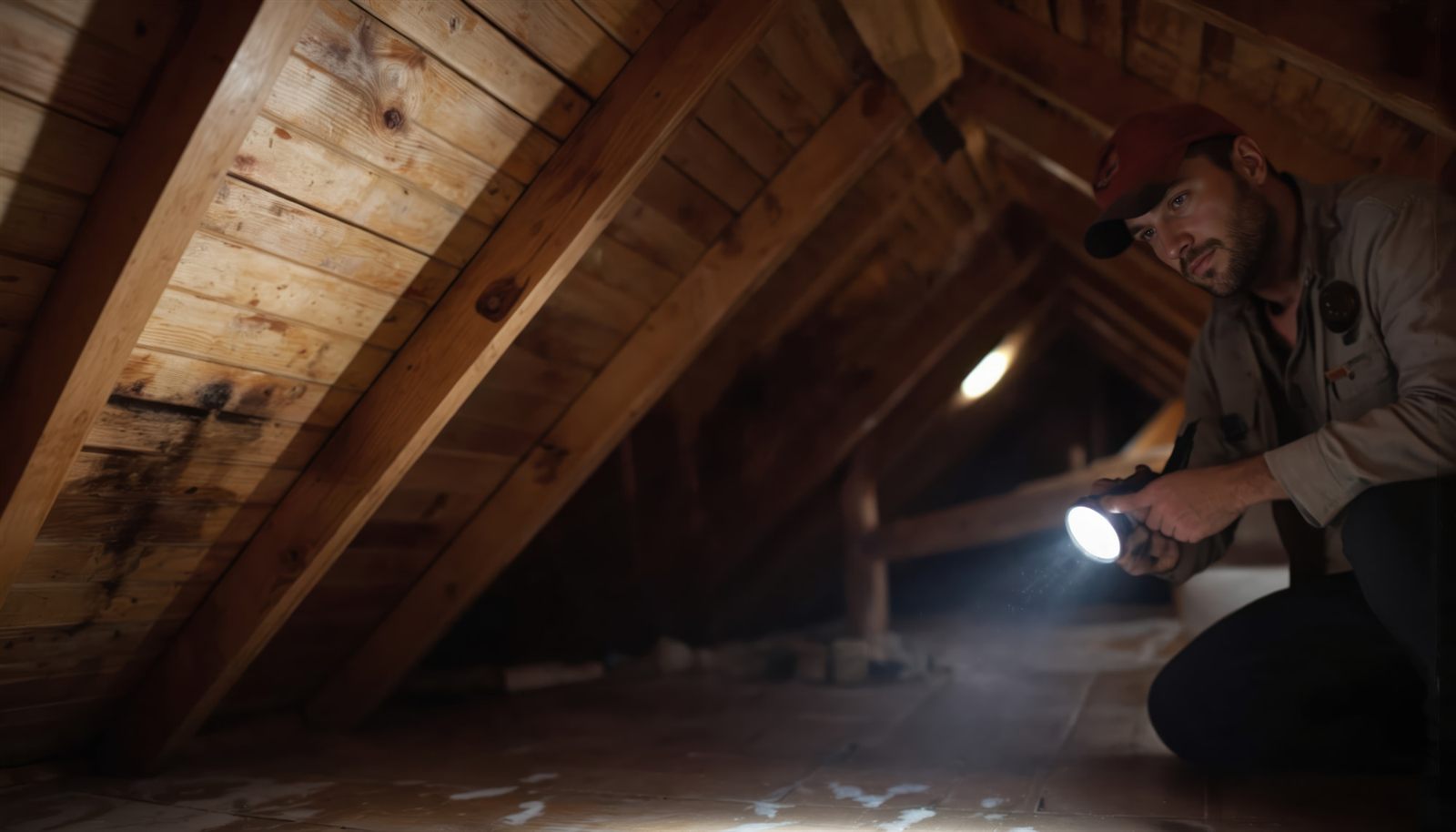 Pest control technician using a flashlight to inspect attic framing for pest activity and possible entry points